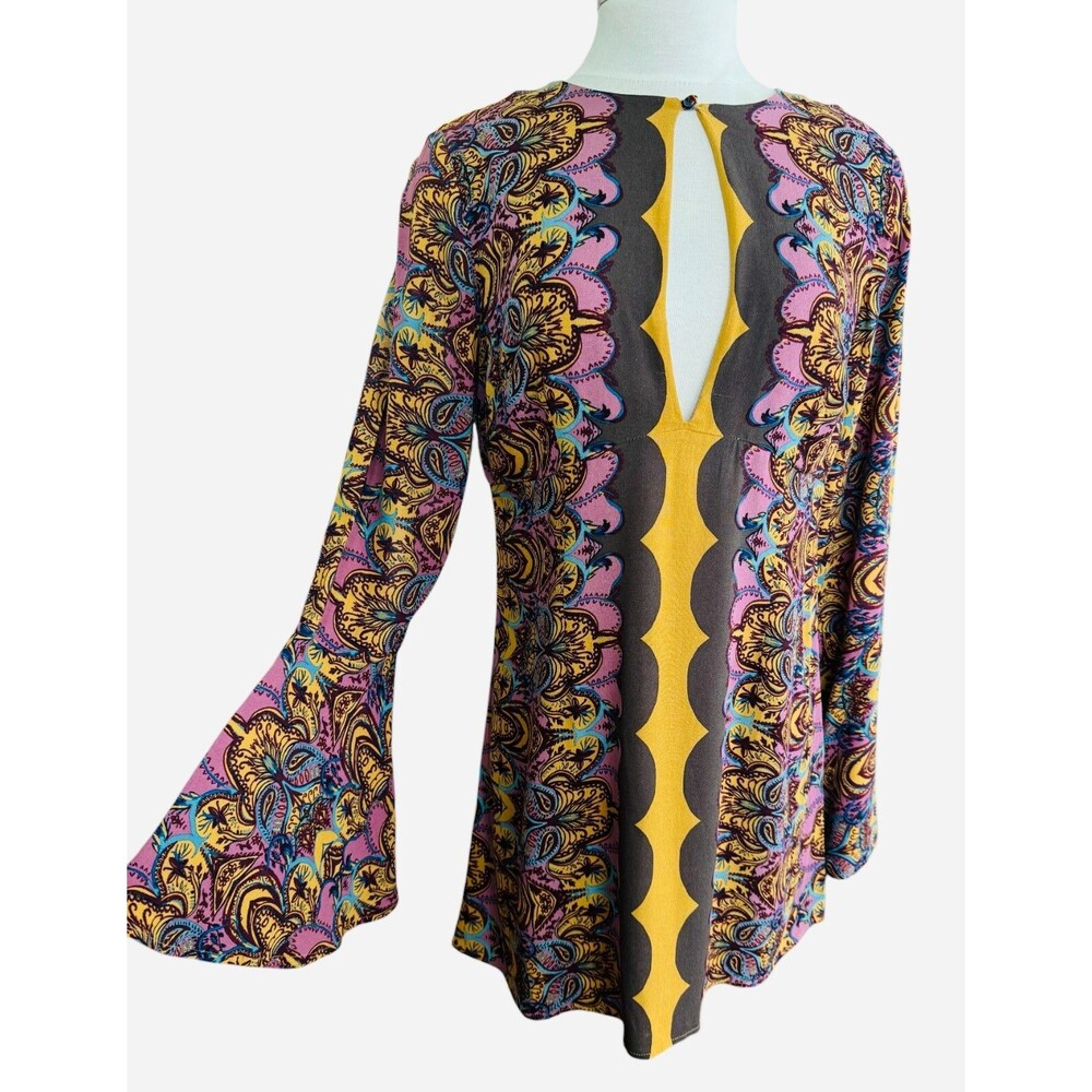 FREE PEOPLE Wm 6 Earthy Autumn Purple Paisley Long Bell Sleeve Tunic Hippie Boho